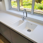 Burlesdon kitchen with Corian worktops supplied by Taps and Tubs